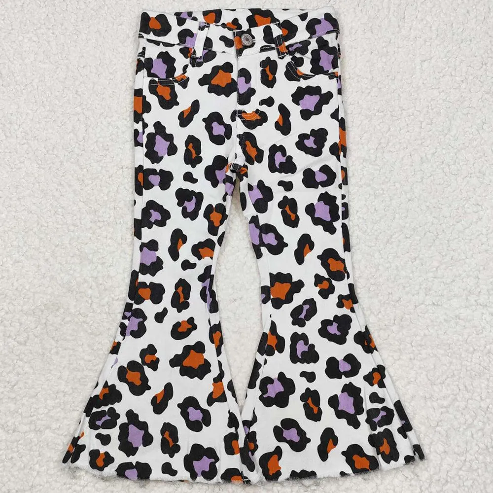 Baby Girls Jeans Halloween Leopard Bell Flare Denim Jeans Pants P0470