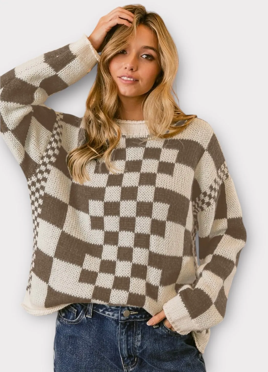 BiBi Checkered Contrast Chunky Sweater