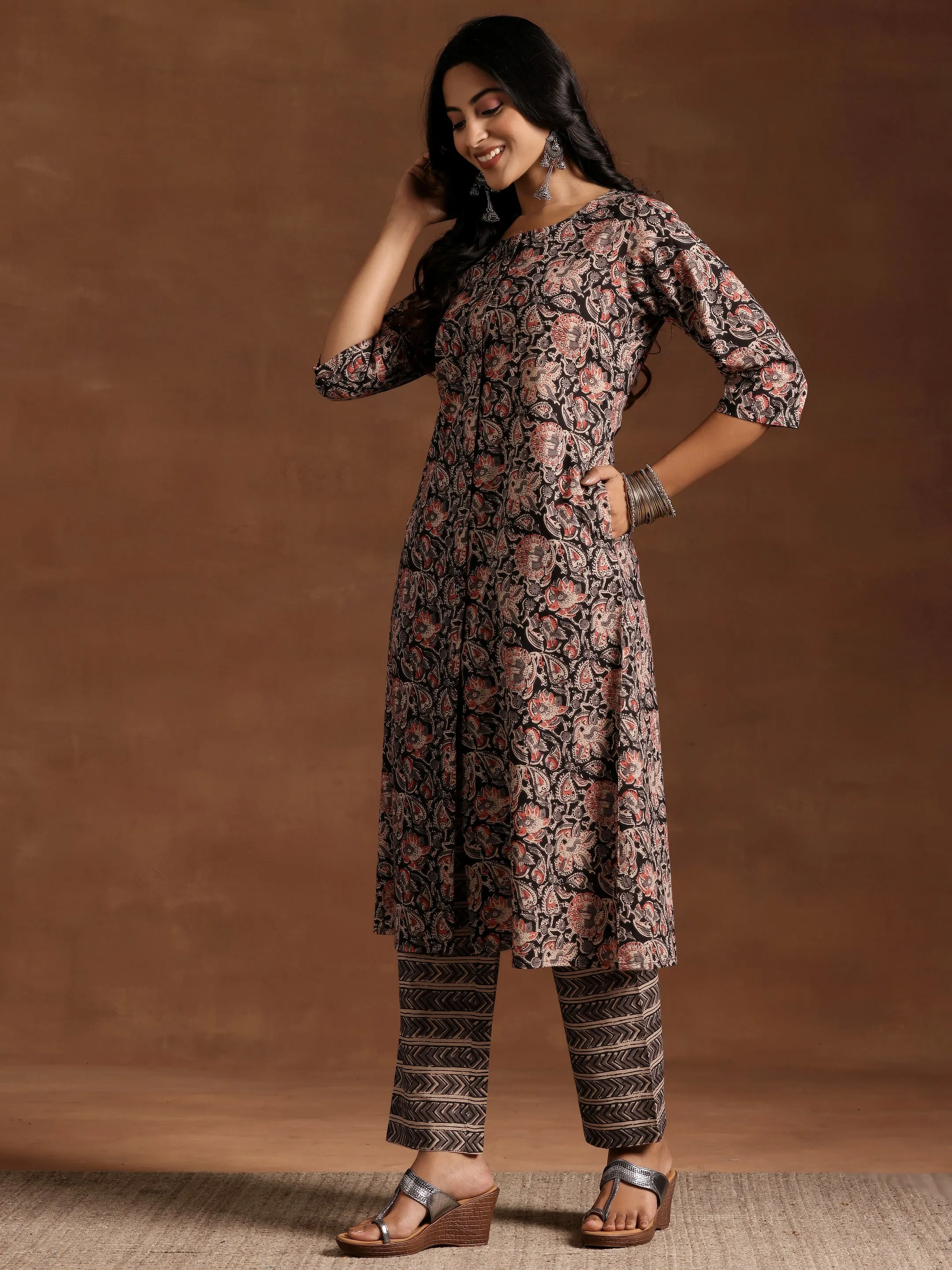 Black Printed Cotton A-line Kurta With Trousers