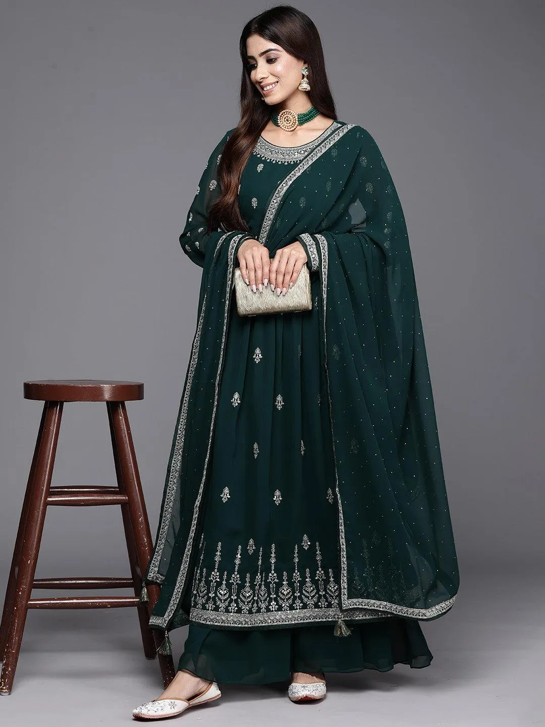 Bottle Green Embroidered Georgette A-Line Kurta With Palazzos & Dupatta