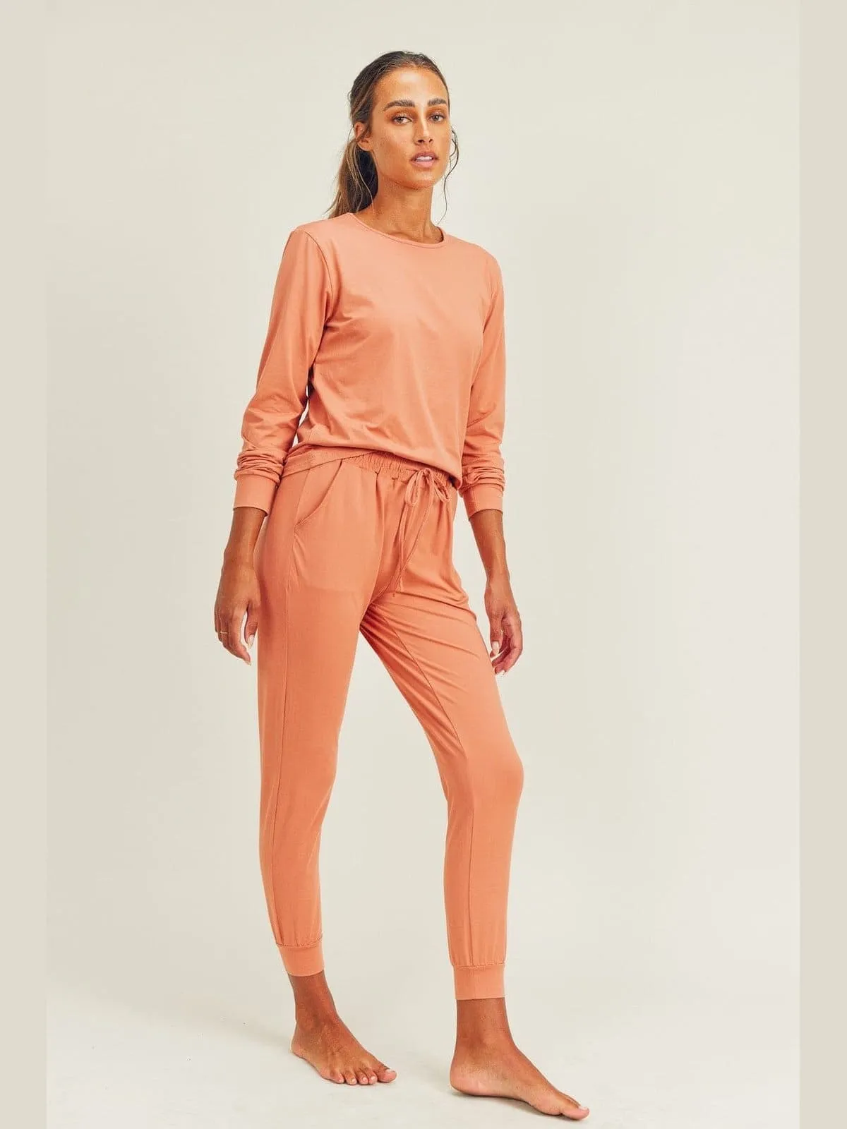 Brushed Soft Peach Skin Long Sleeve Lounge Set