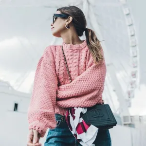 Cable Knit Scoop Long Bishop Sleeves Women Pink Chunky Sweater