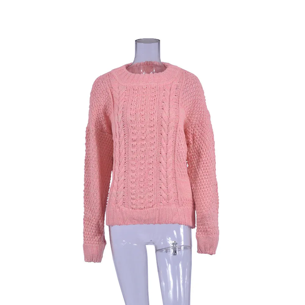 Cable Knit Scoop Long Bishop Sleeves Women Pink Chunky Sweater