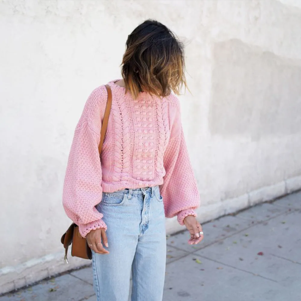 Cable Knit Scoop Long Bishop Sleeves Women Pink Chunky Sweater