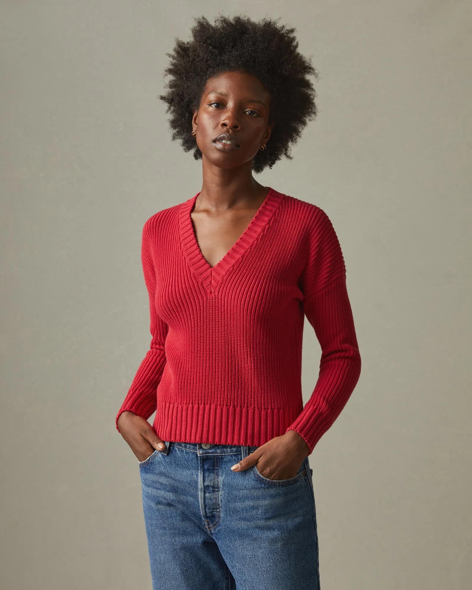 Chunky Cotton V-Neck Sweater - Biking Red