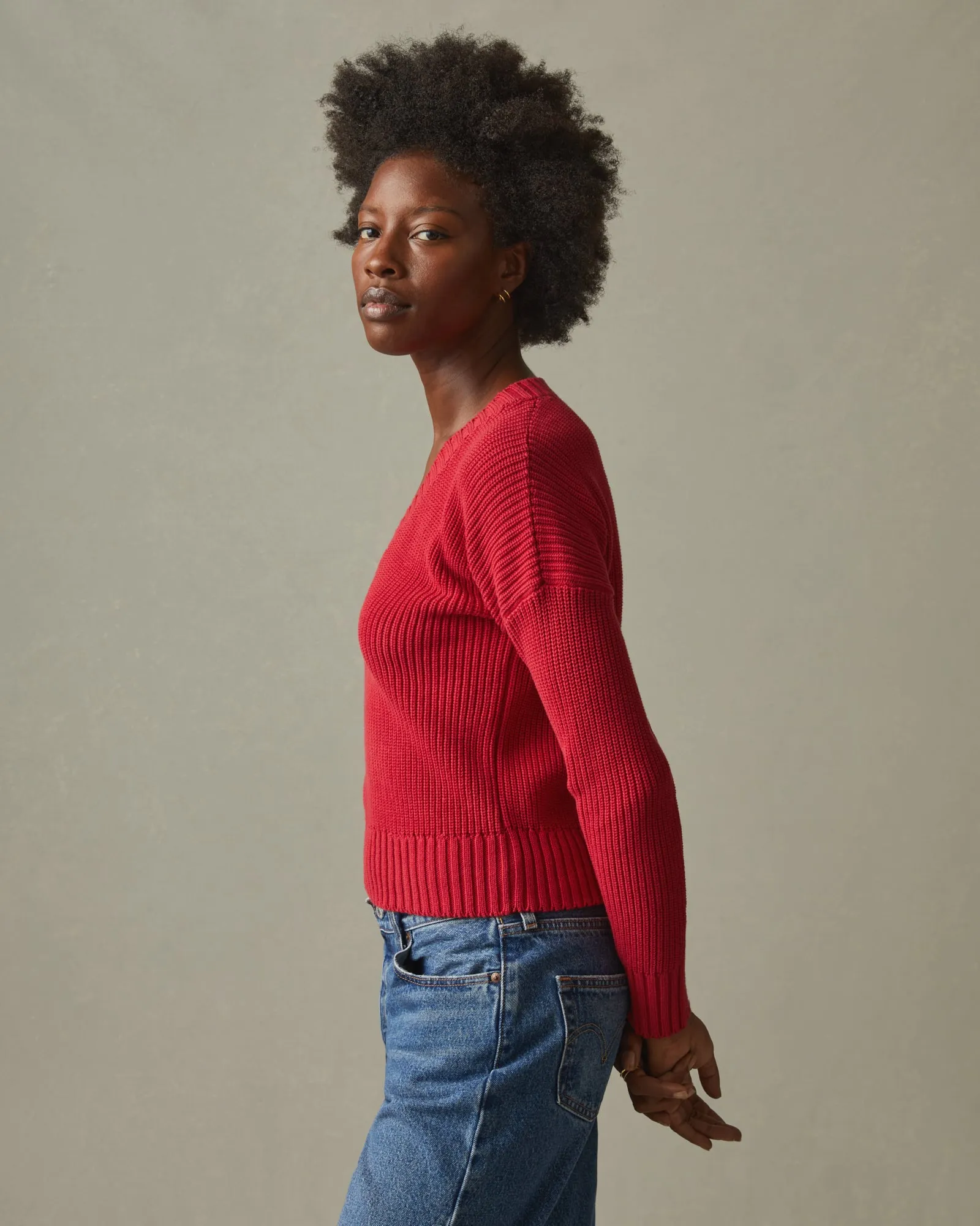 Chunky Cotton V-Neck Sweater - Biking Red