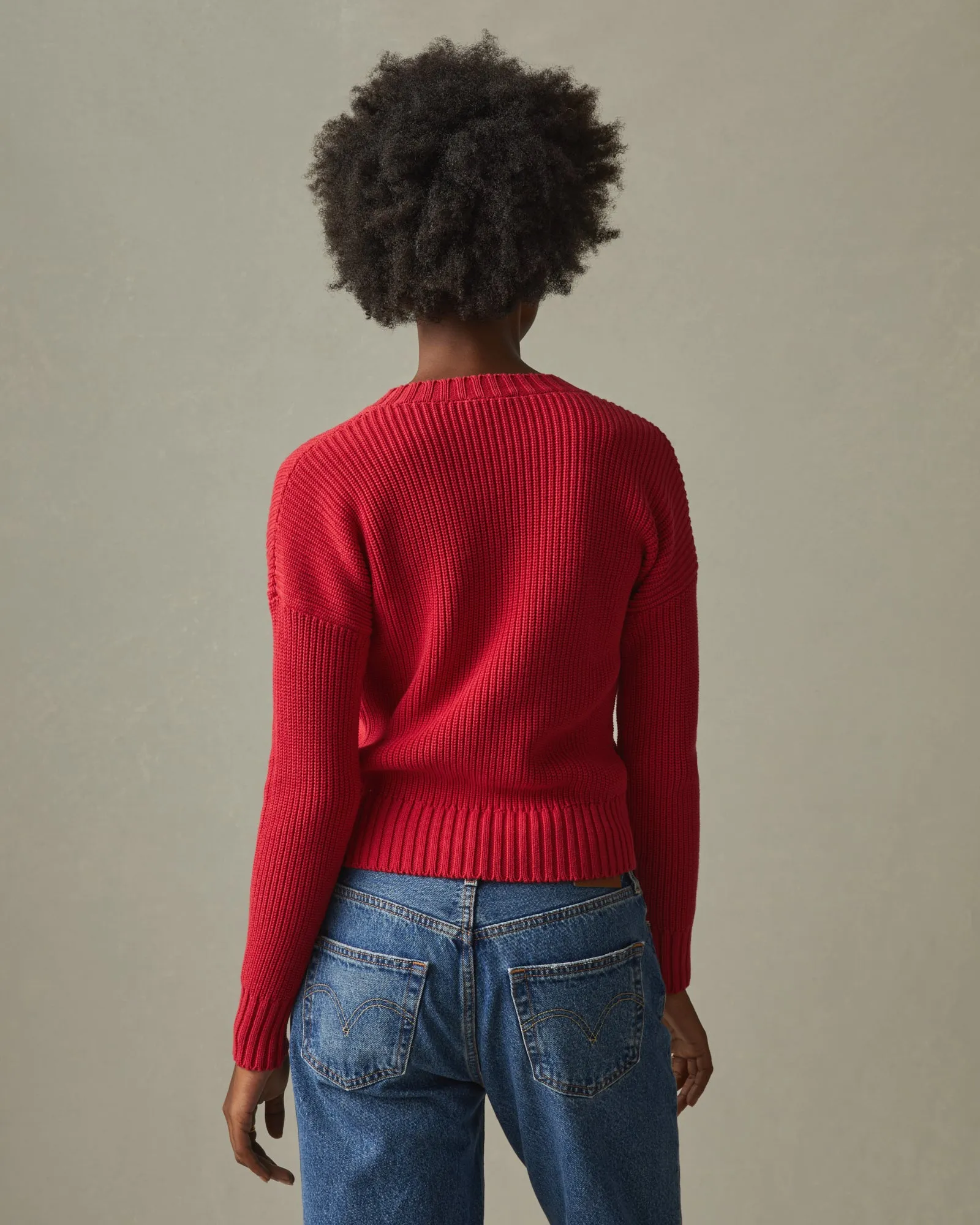 Chunky Cotton V-Neck Sweater - Biking Red