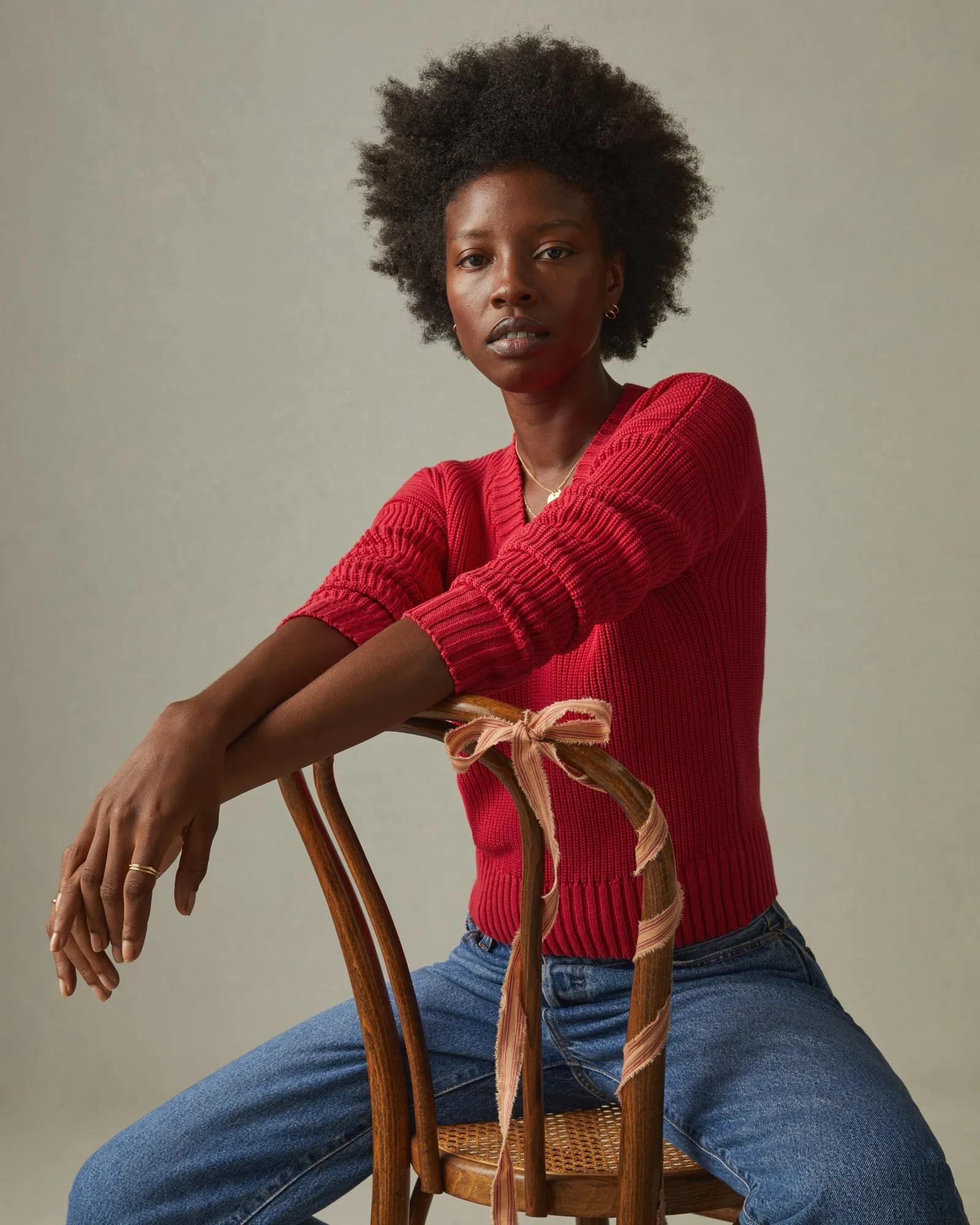 Chunky Cotton V-Neck Sweater - Biking Red