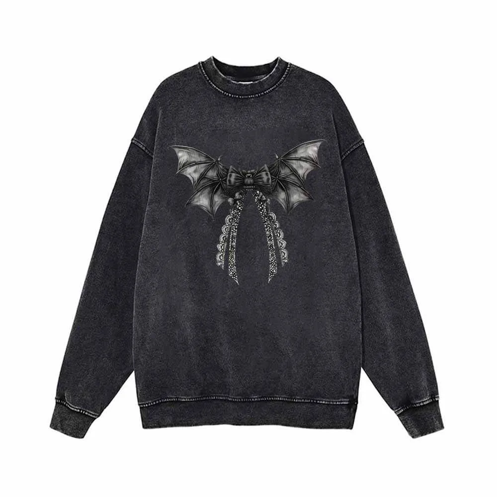 Devil Wings Gothic Bow Vintage Washed Hoodie Sweatshirt