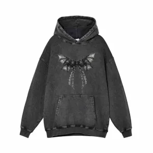 Devil Wings Gothic Bow Vintage Washed Hoodie Sweatshirt