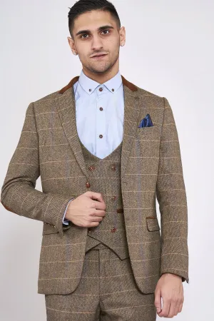 DX7 Tan Tweed Suit With Double Breasted Waistcoat | Check Suit | Office Wear | Wedding Suit