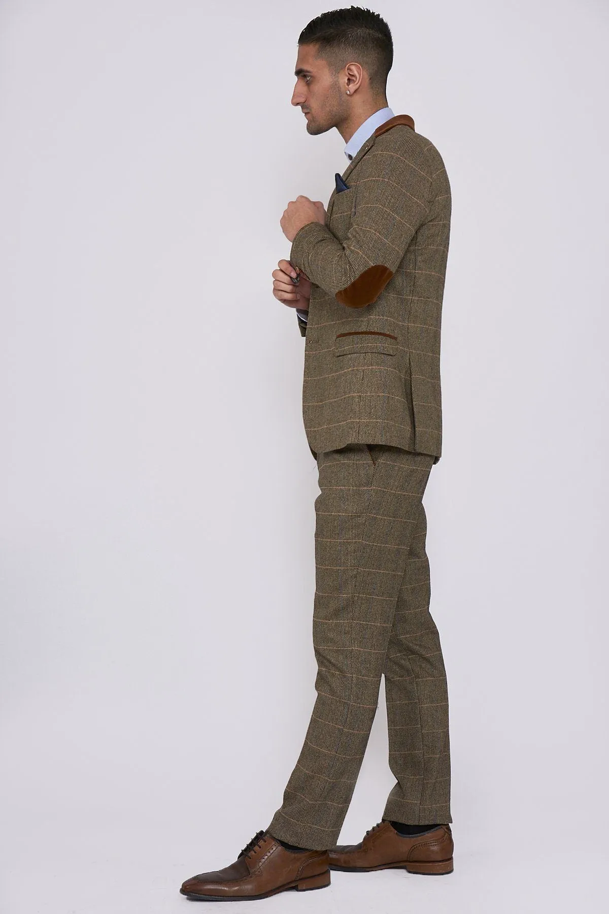 DX7 Tan Tweed Suit With Double Breasted Waistcoat | Check Suit | Office Wear | Wedding Suit