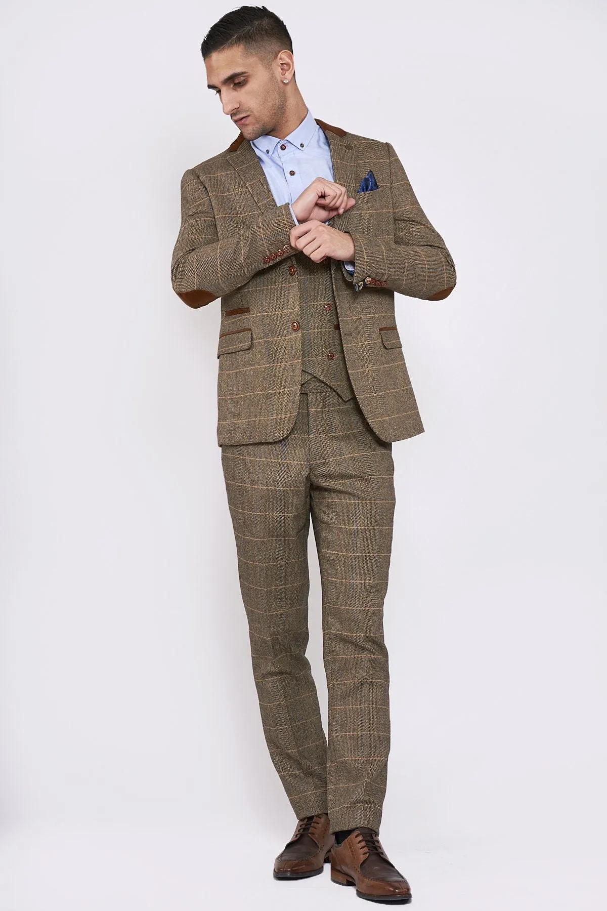 DX7 Tan Tweed Suit With Double Breasted Waistcoat | Check Suit | Office Wear | Wedding Suit