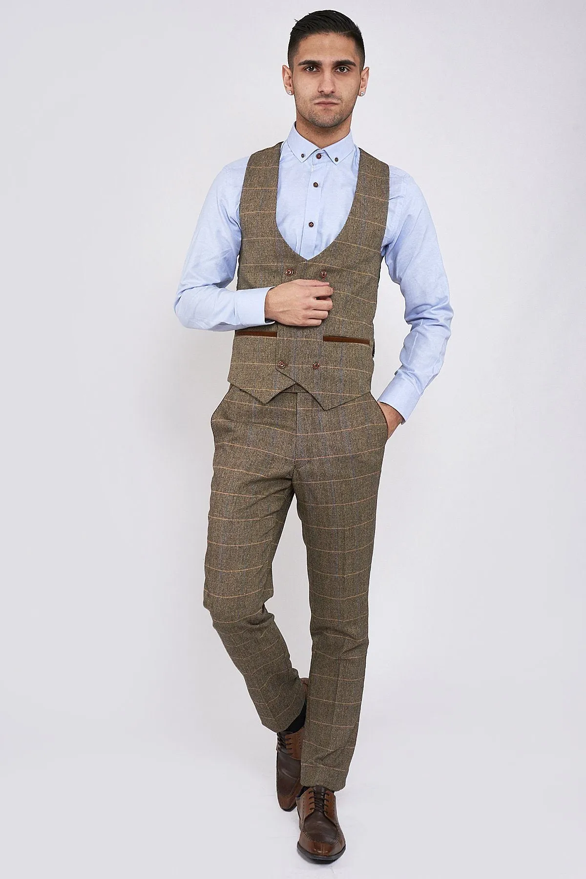 DX7 Tan Tweed Suit With Double Breasted Waistcoat | Check Suit | Office Wear | Wedding Suit