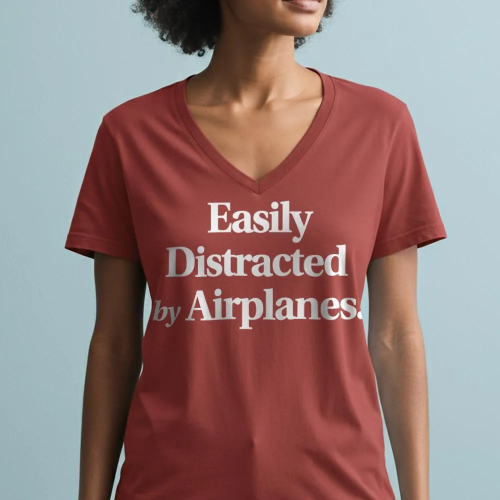 Easily Distracted By Airplanes - Women's V-Neck T-Shirt