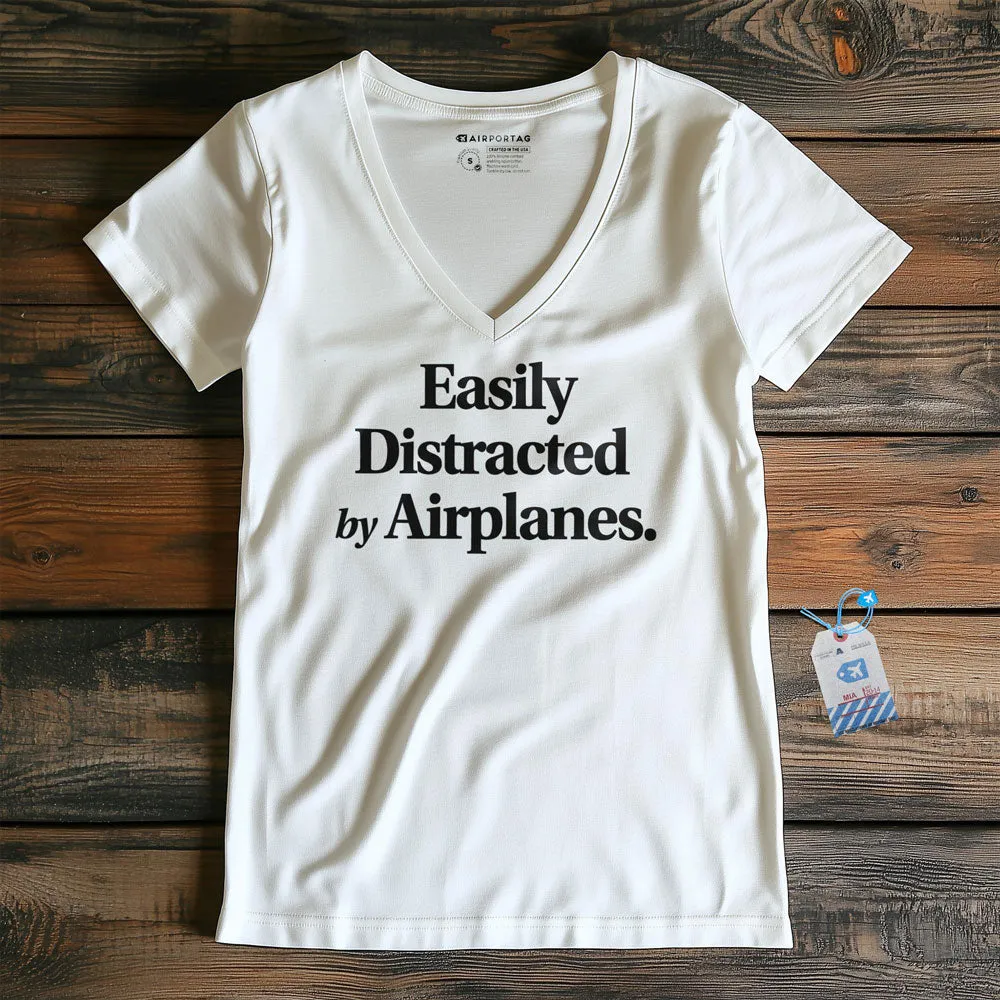 Easily Distracted By Airplanes - Women's V-Neck T-Shirt