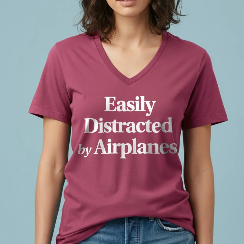 Easily Distracted By Airplanes - Women's V-Neck T-Shirt