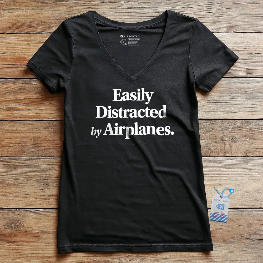 Easily Distracted By Airplanes - Women's V-Neck T-Shirt