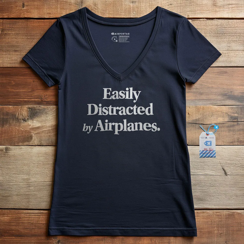 Easily Distracted By Airplanes - Women's V-Neck T-Shirt