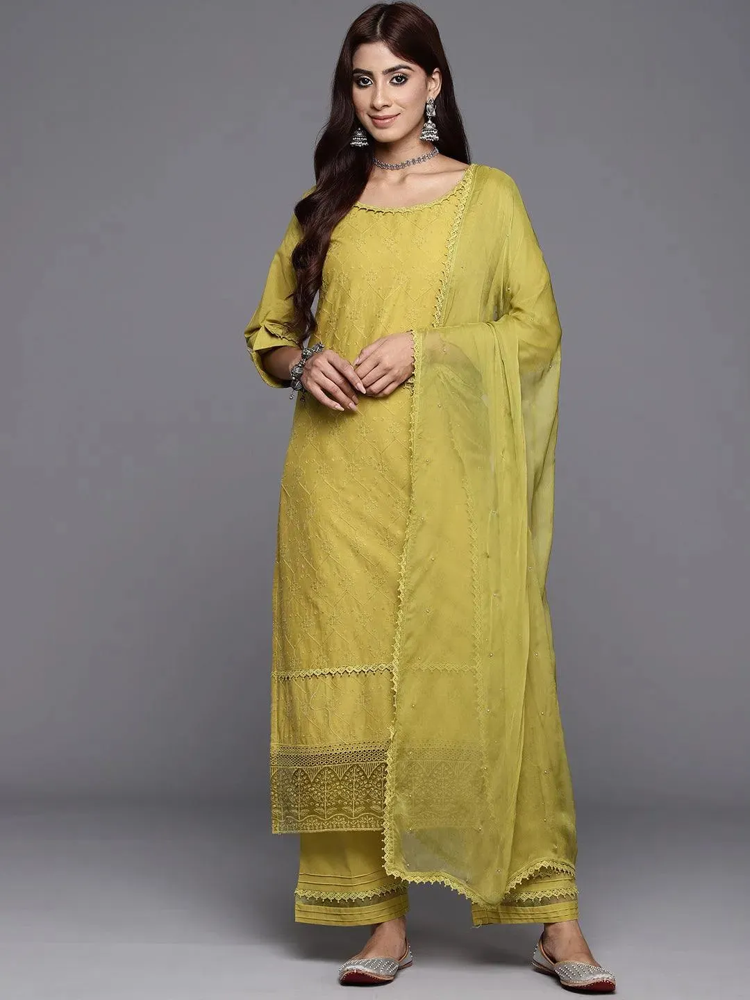 Green Embroidered Cotton Straight Kurta With Trousers & Dupatta