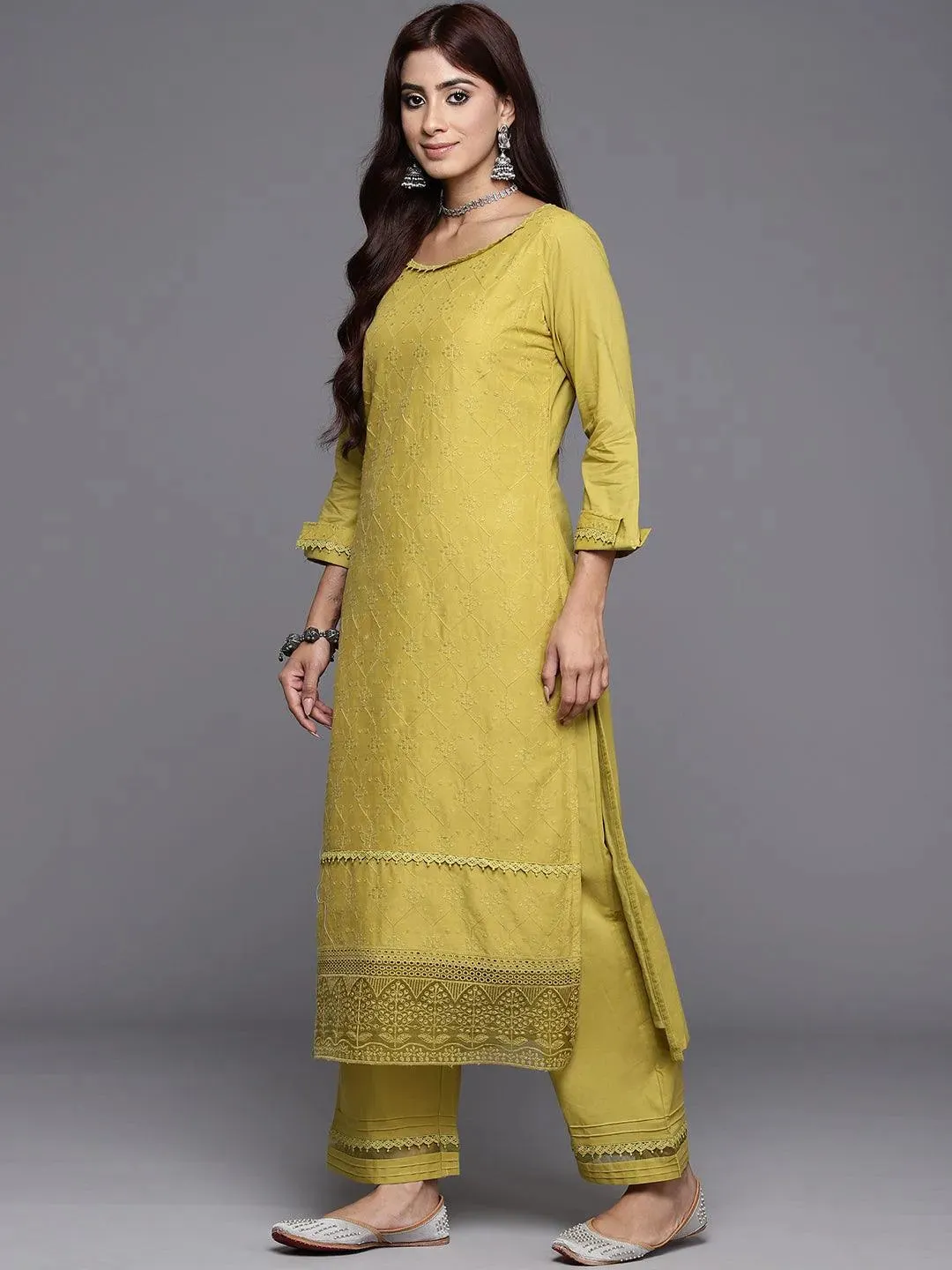 Green Embroidered Cotton Straight Kurta With Trousers & Dupatta