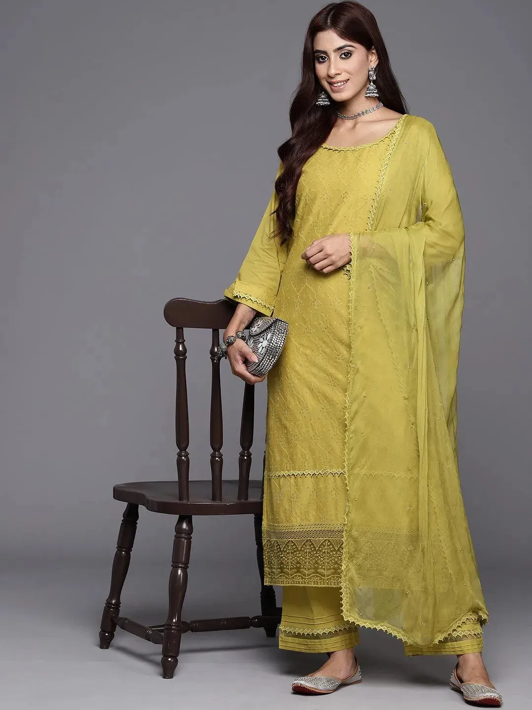 Green Embroidered Cotton Straight Kurta With Trousers & Dupatta