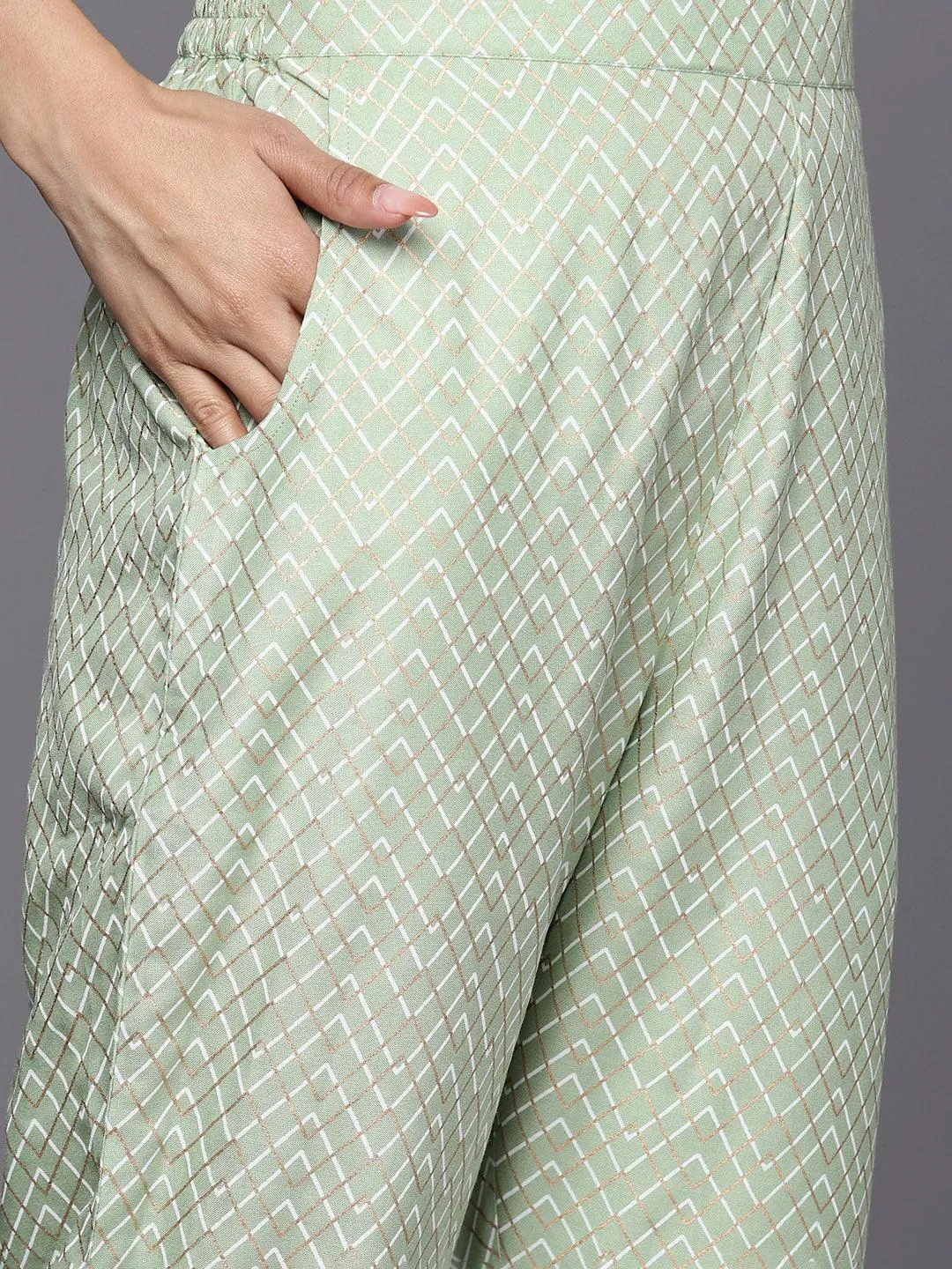 Green Yoke Design Rayon A-Line Kurta With Trousers & Dupatta