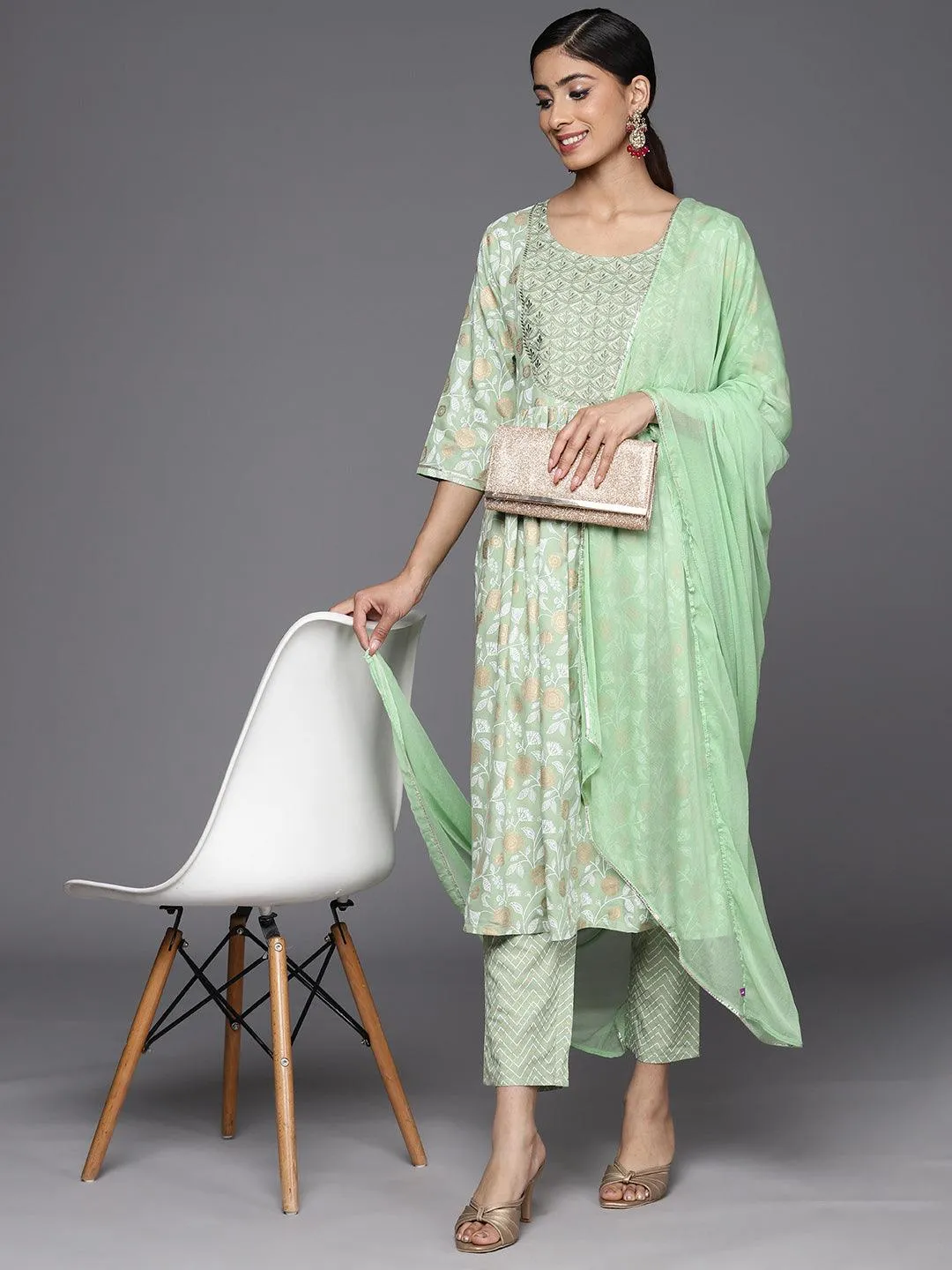 Green Yoke Design Rayon A-Line Kurta With Trousers & Dupatta