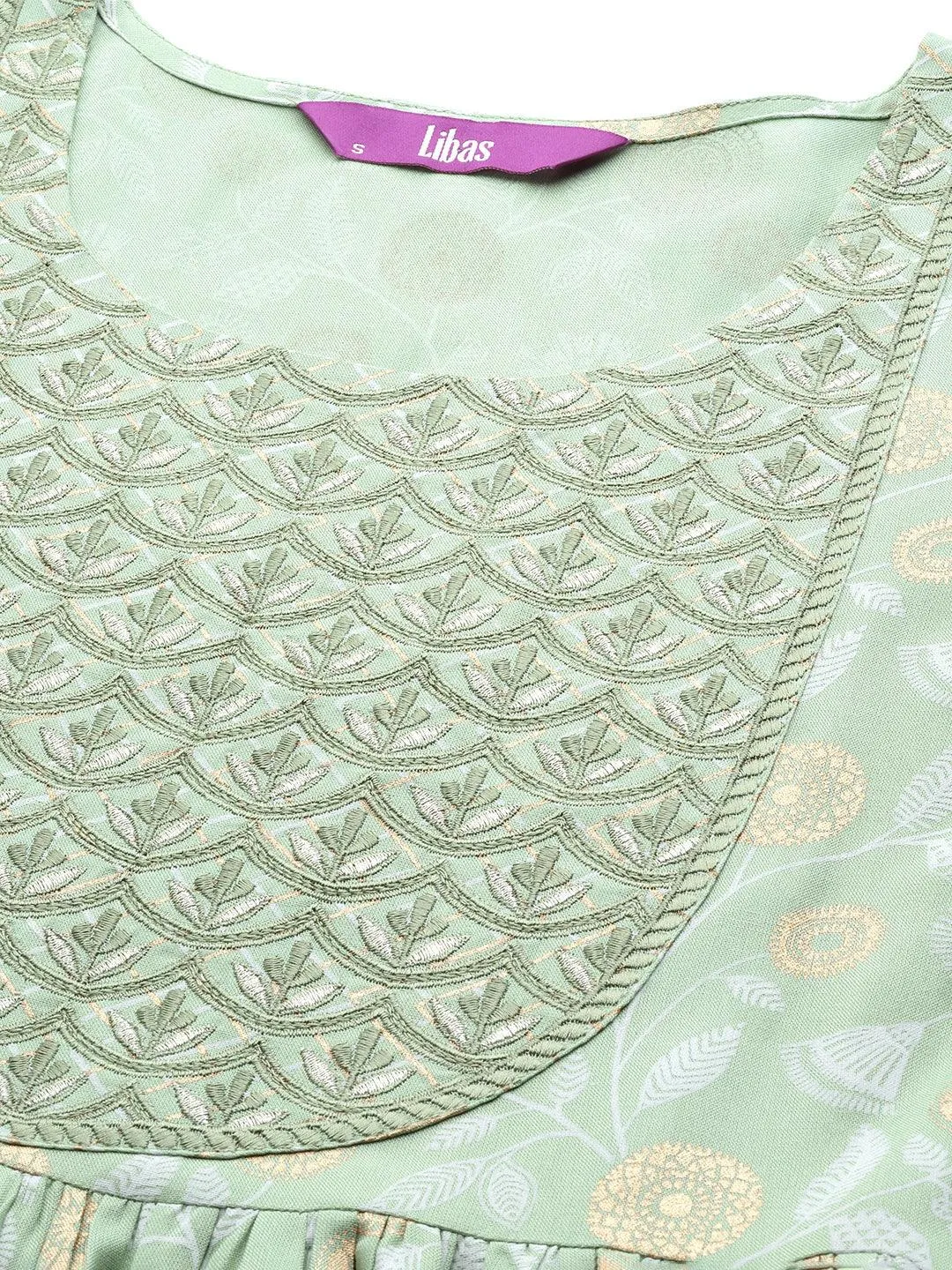 Green Yoke Design Rayon A-Line Kurta With Trousers & Dupatta