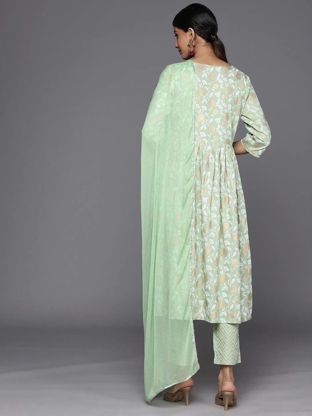 Green Yoke Design Rayon A-Line Kurta With Trousers & Dupatta