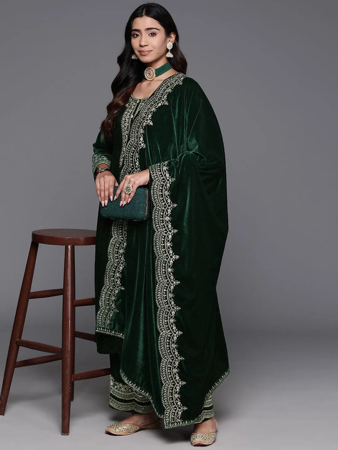 Green Yoke Design Velvet A-Line Kurta With Palazzos & Dupatta