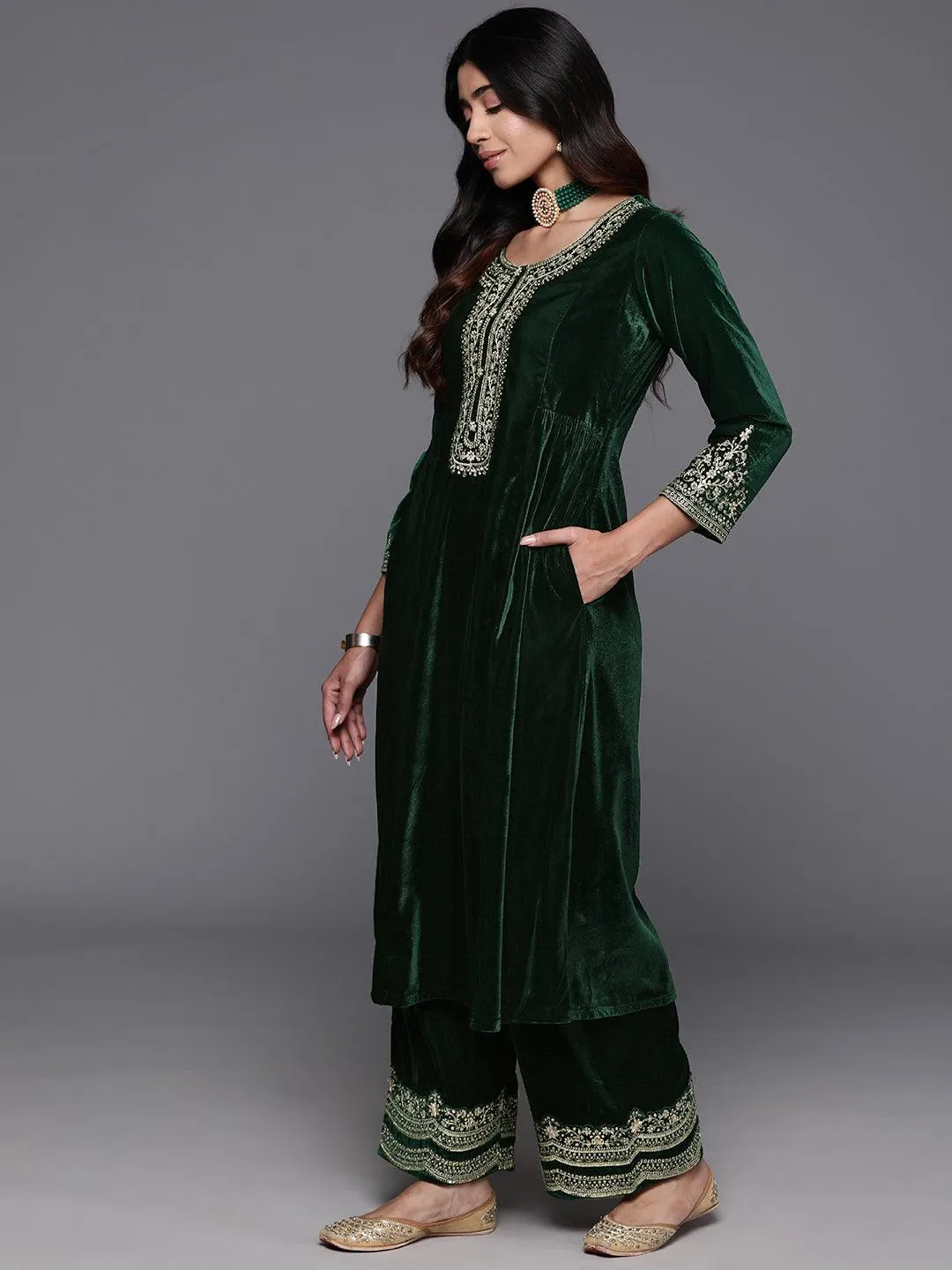 Green Yoke Design Velvet A-Line Kurta With Palazzos & Dupatta