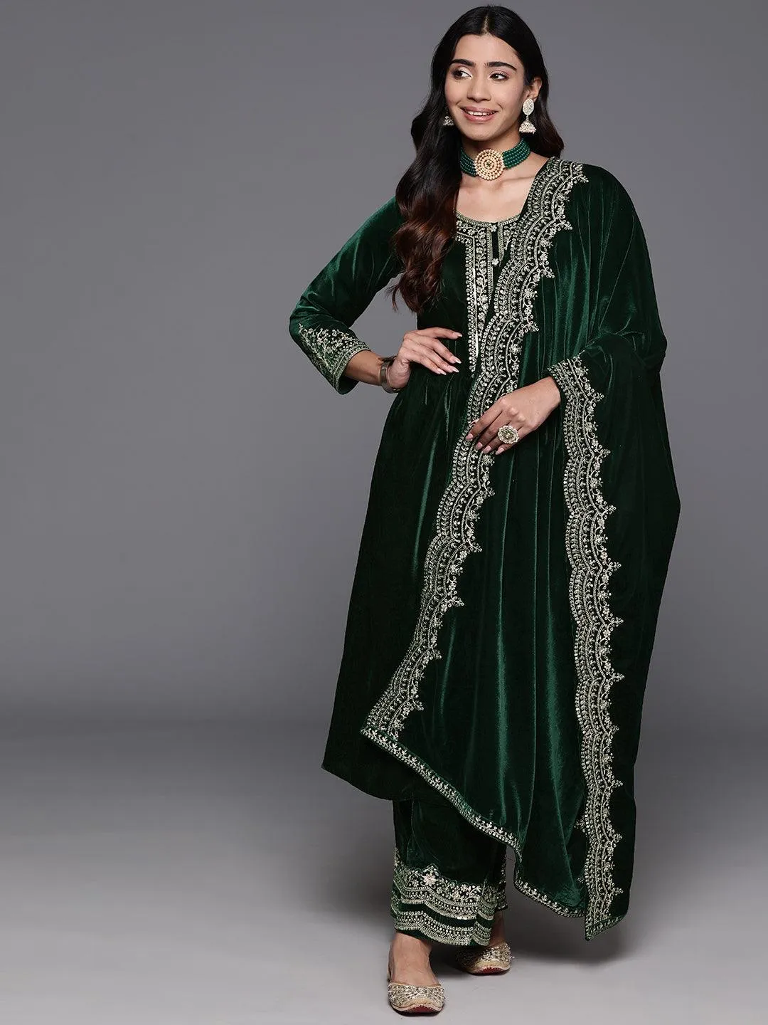 Green Yoke Design Velvet A-Line Kurta With Palazzos & Dupatta