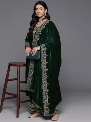 Green Yoke Design Velvet A-Line Kurta With Palazzos & Dupatta