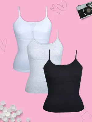 High Coverage Cotton Starter Camisole Bra | Adjustable Strap | Grey | White | Black Pack-of-3