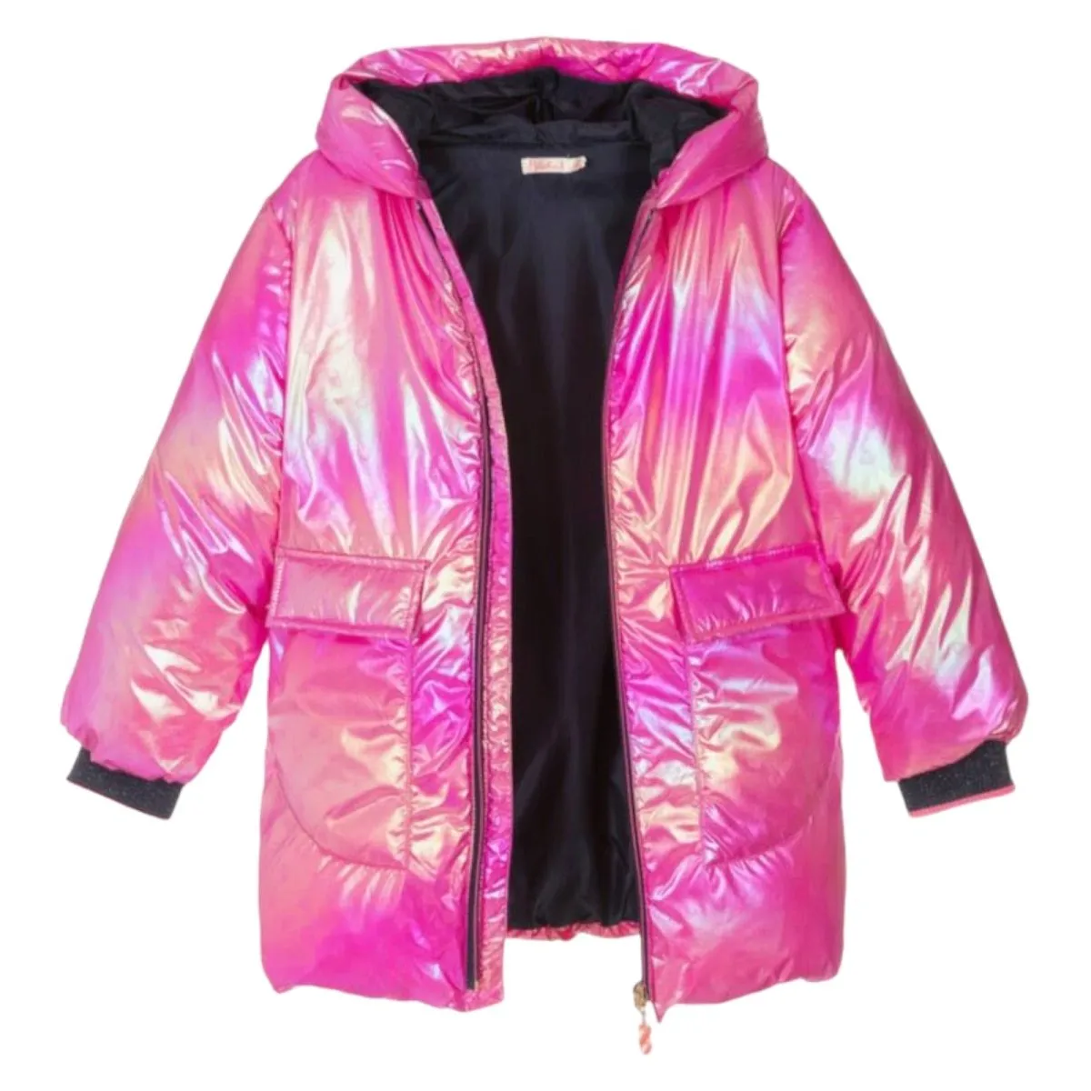 IRIDESCENT MINI HEARTS HOODED PUFFER JACKET