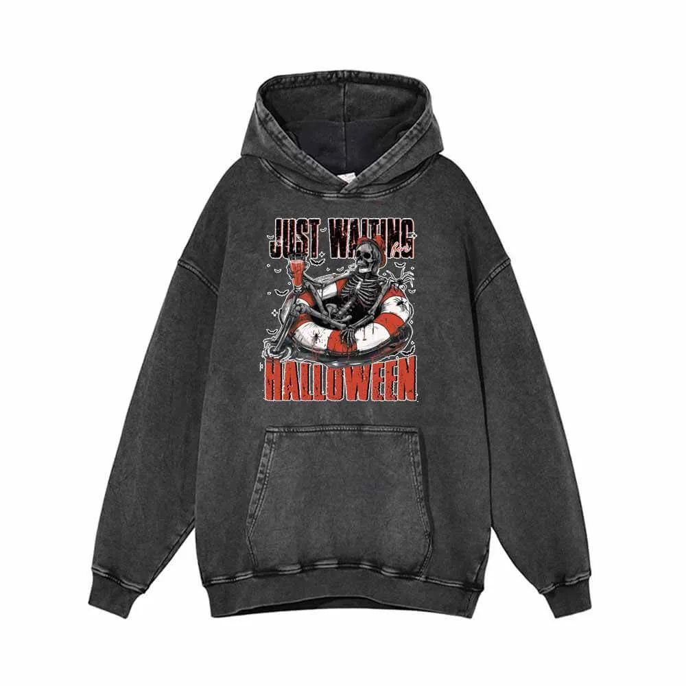 Just Waiting Halloween Vintage Washed Hoodie Sweatshirt