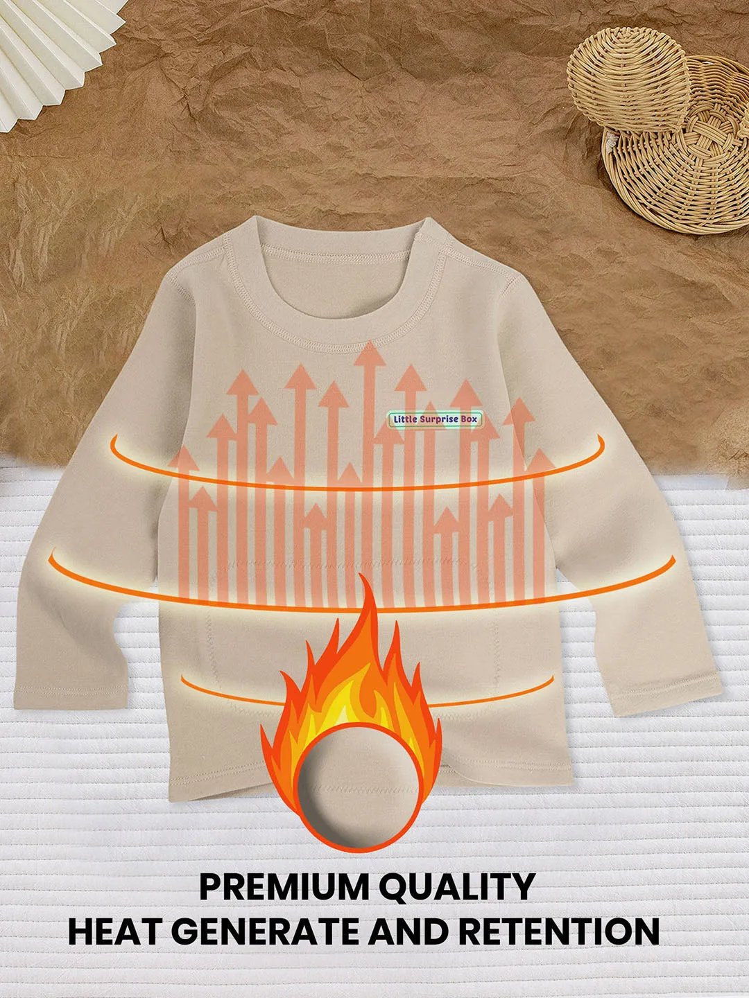 Little Surprise Box , LSB Light Brown Round Neck Upper & Lower Body Thermal Winter Warmers For Kids-Set Of 2 Pcs