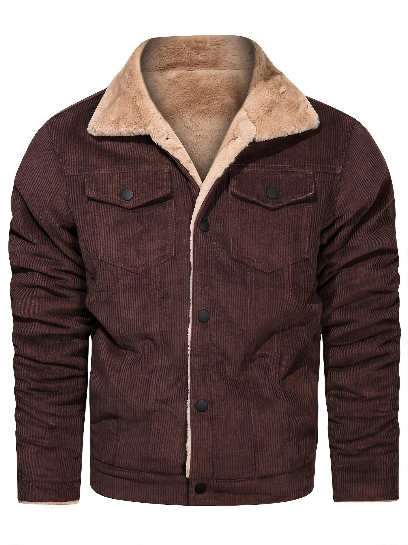 Men's Casual Corduroy Plush Turn-Down Collar Long Sleeve Zipper Pocket Fashion Jacket