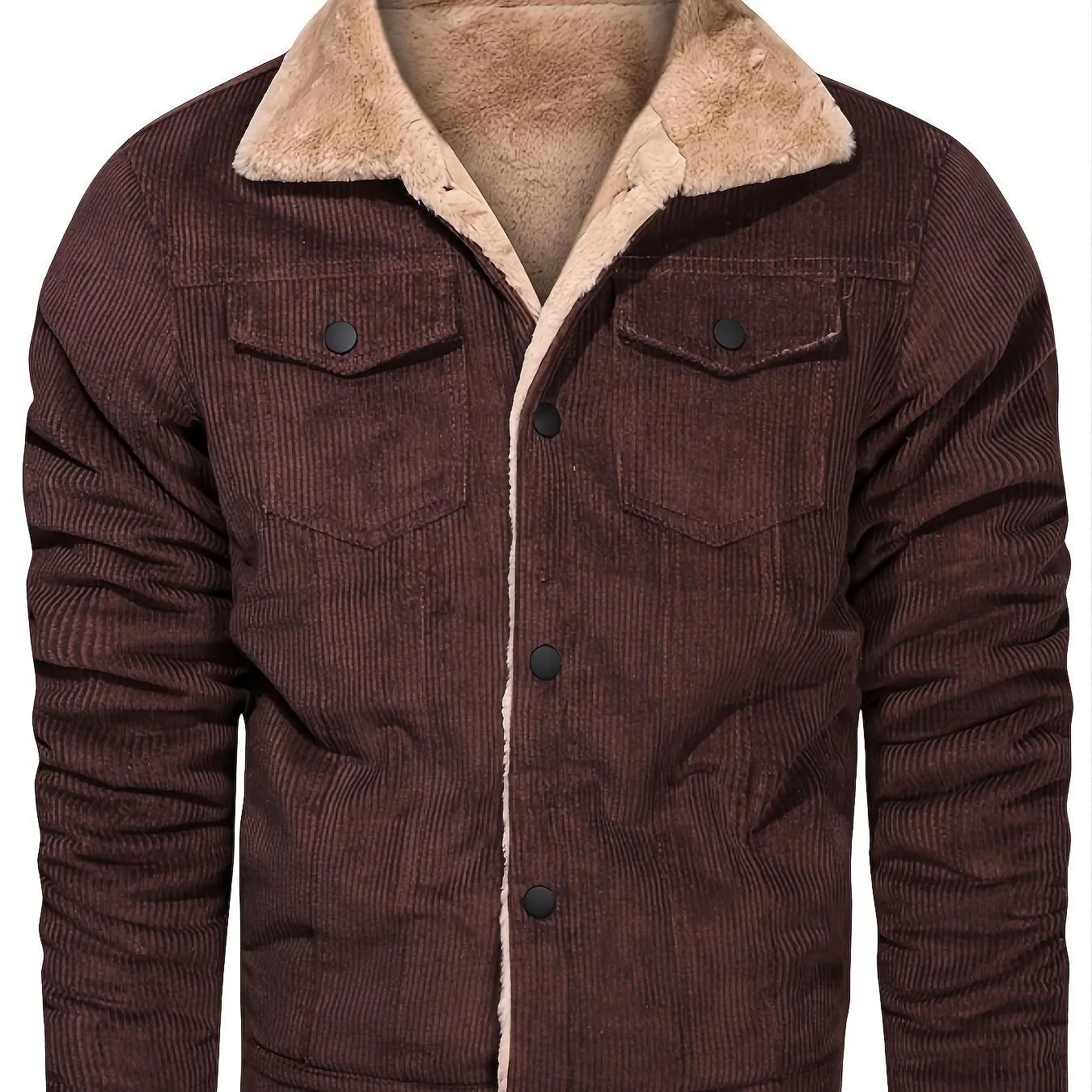 Men's Casual Corduroy Plush Turn-Down Collar Long Sleeve Zipper Pocket Fashion Jacket