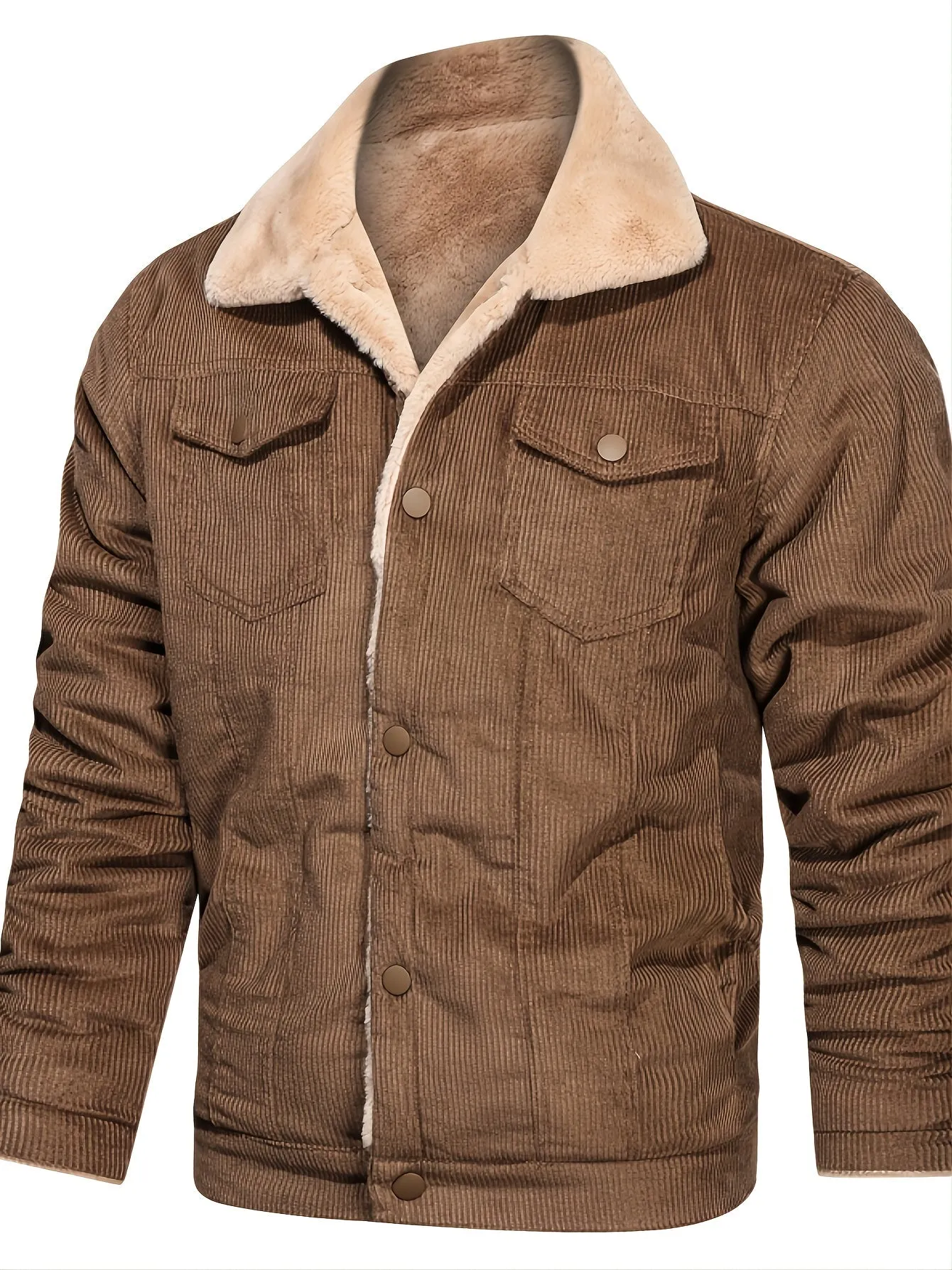 Men's Casual Corduroy Plush Turn-Down Collar Long Sleeve Zipper Pocket Fashion Jacket