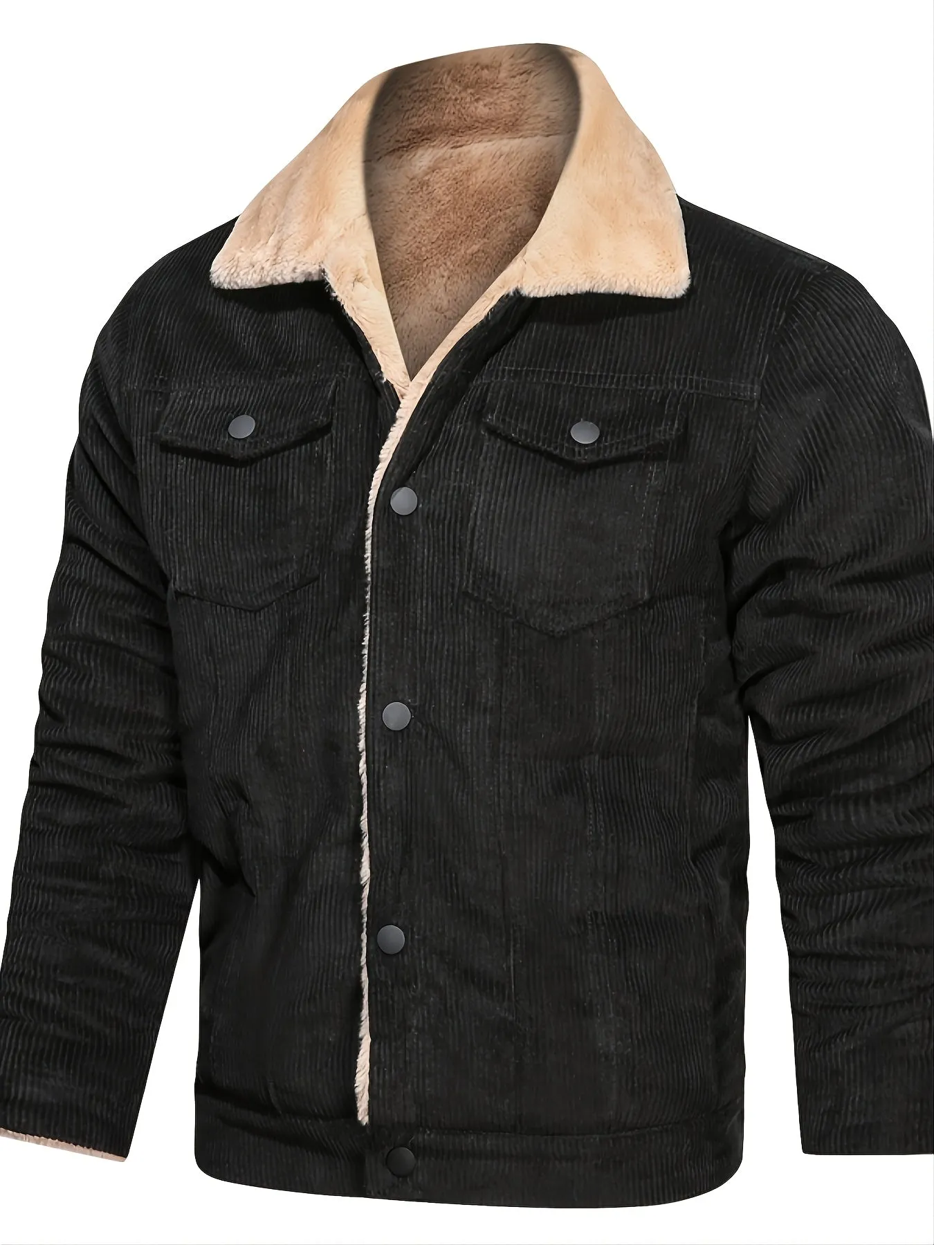 Men's Casual Corduroy Plush Turn-Down Collar Long Sleeve Zipper Pocket Fashion Jacket