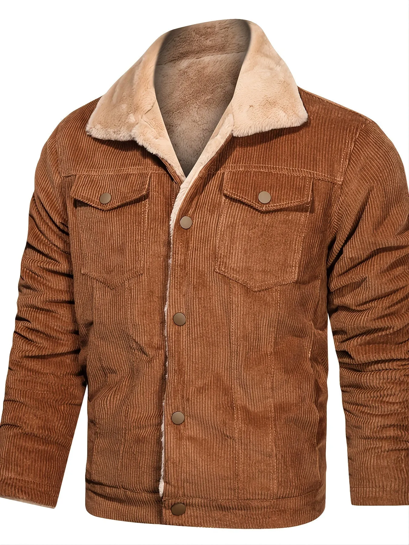 Men's Casual Corduroy Plush Turn-Down Collar Long Sleeve Zipper Pocket Fashion Jacket