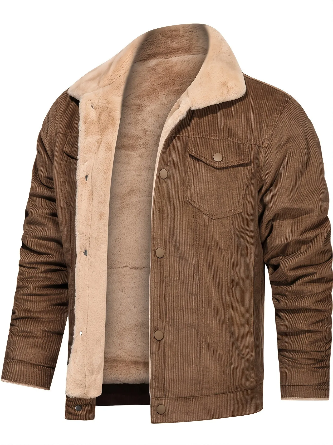 Men's Casual Corduroy Plush Turn-Down Collar Long Sleeve Zipper Pocket Fashion Jacket