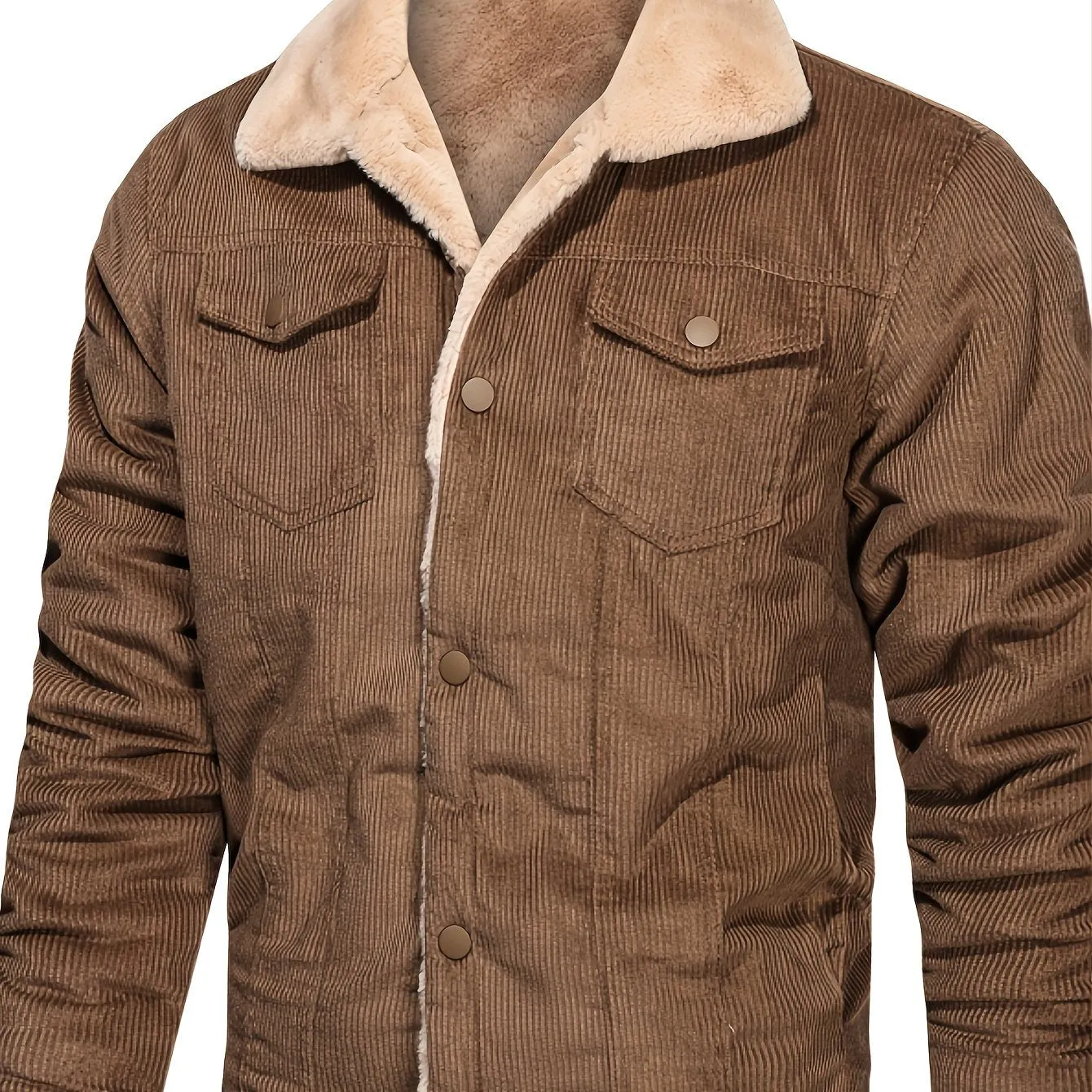 Men's Casual Corduroy Plush Turn-Down Collar Long Sleeve Zipper Pocket Fashion Jacket