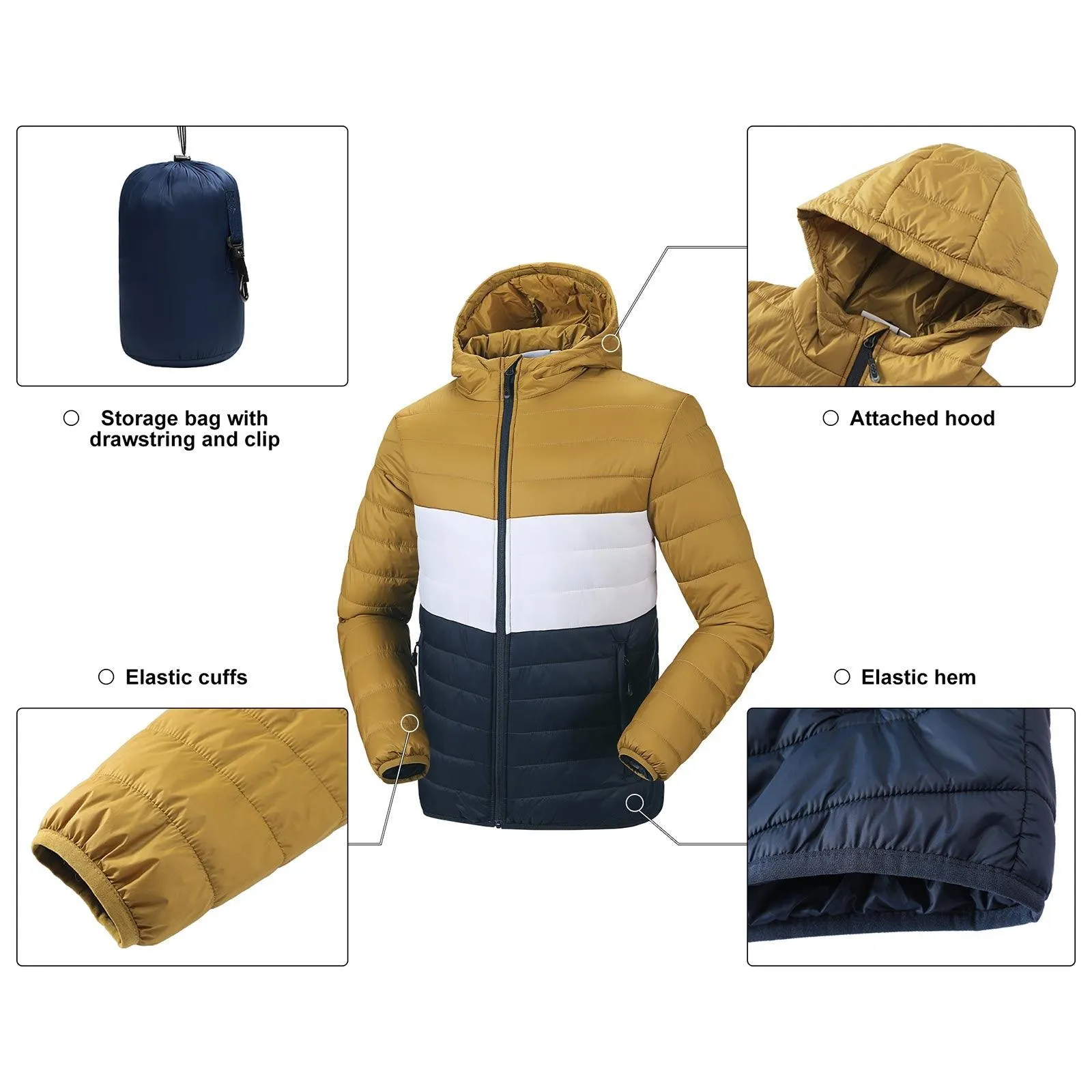 Men's Packable Puffer Jacket with Hood and 3 Pockets