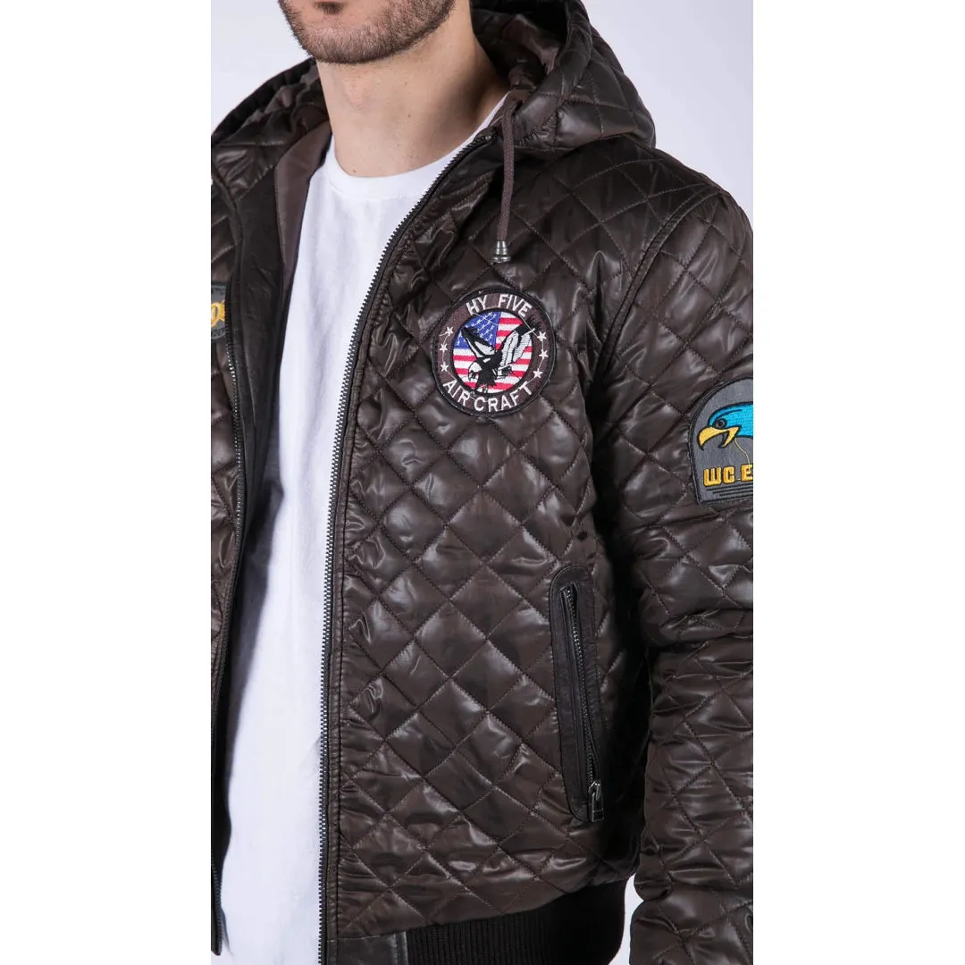 Men's Quilted Hooded Puffer Jacket Brown Badge Bomber Pilot Air Force