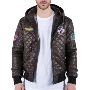 Men's Quilted Hooded Puffer Jacket Brown Badge Bomber Pilot Air Force