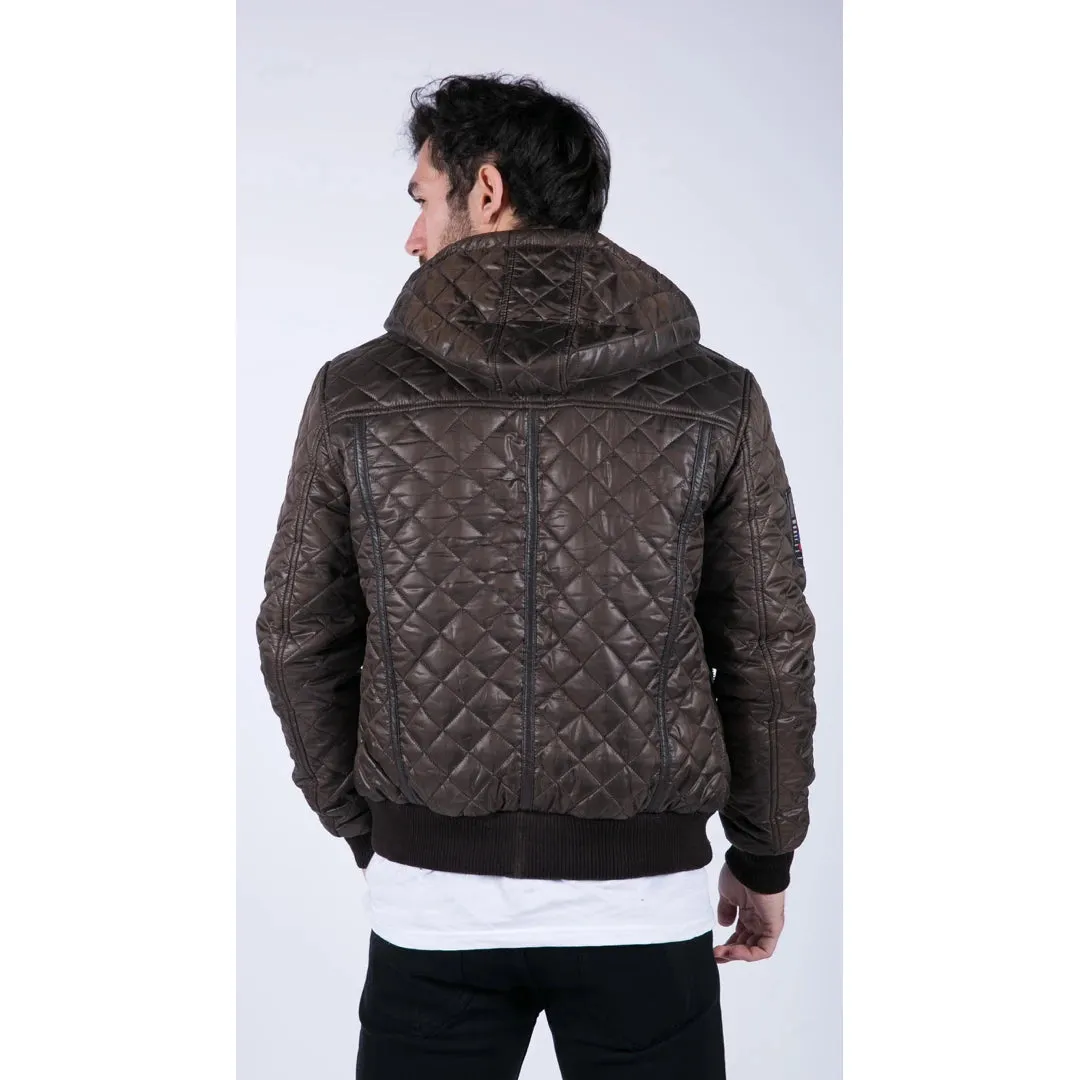 Men's Quilted Hooded Puffer Jacket Brown Badge Bomber Pilot Air Force