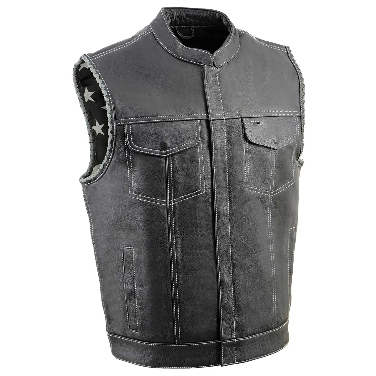 Milwaukee Leather MLM3507 Men's Old Glory Black Premium Leather Club Style Vest w/ Grey Stitching Laced Armholes